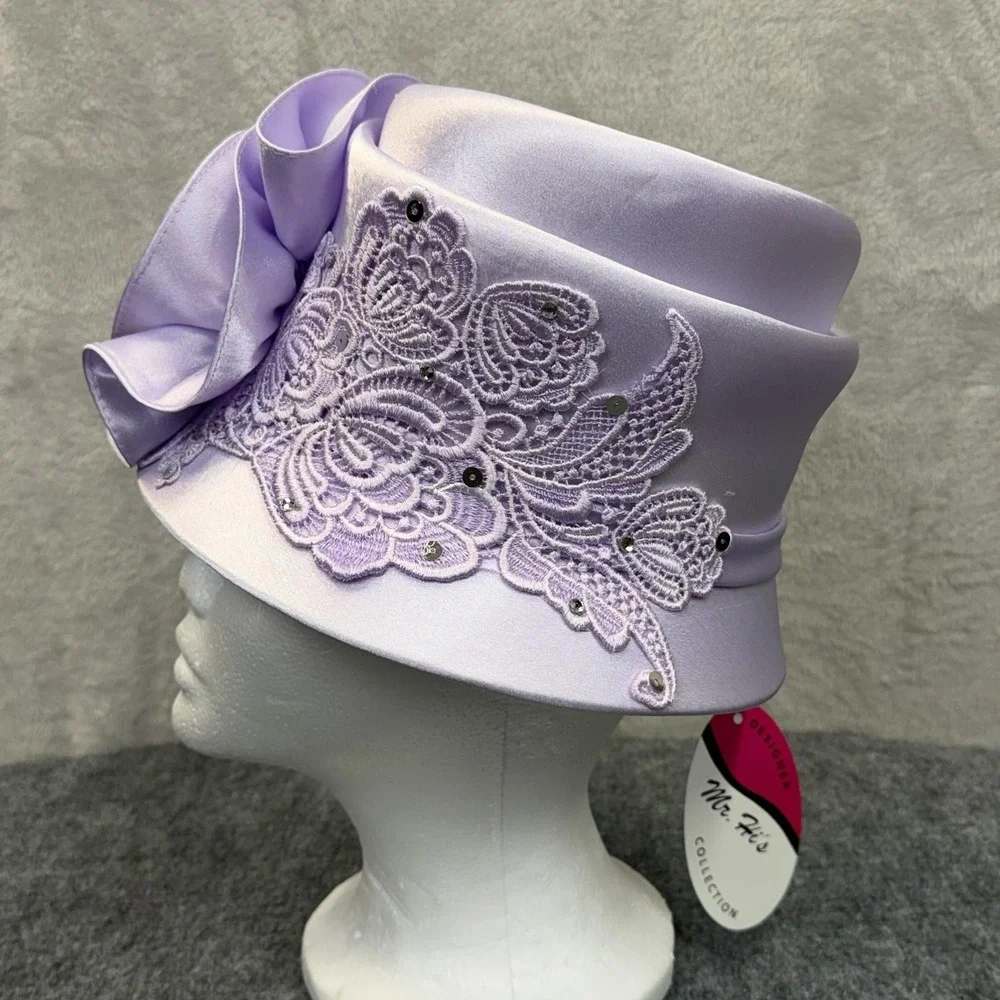 Mr. Hi's Classic Hat Cloche Womens Purple Satin Ruffle Sequin Derby Party Church